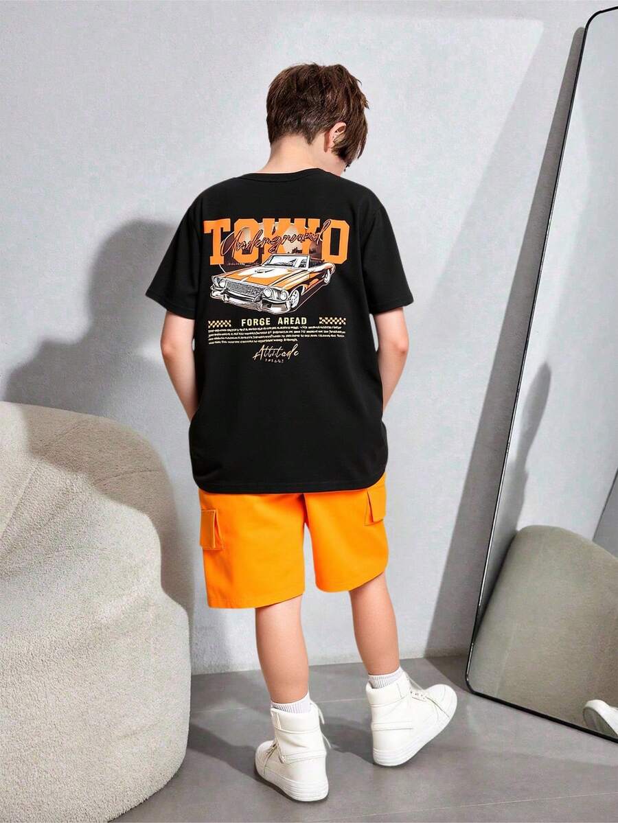 SHEIN Mirajuku 2件套青少年男童休闲复古汽车图案T恤和梭织短裤套装，时尚百搭，适合日常、通勤和运动穿着 - 橘色 - 查看 1