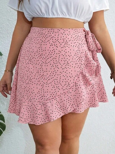 SHEIN VCAY Plus Polka Dot Print Knot Side Ruffle Trim Wrap Hem Skirt Peplum Short Dress