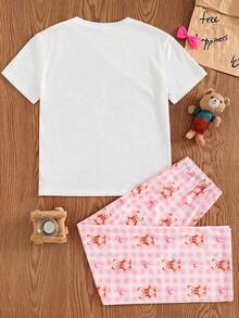 SHEIN Tween Girl Knit Bow Pattern T-Shirt And Plaid Bow Graphic Casual Pants 2 Pieces Loungewear Set - Pink - View 2