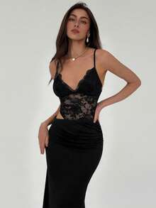 Aloruh Women's Sexy Spaghetti Strap Deep V Lace Patchwork Dress, Spring/Summer,Summer Dresses For Women - Black - View 6