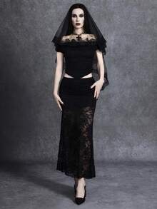 Glisette 女士蕾丝露肩上衣+喇叭裙两件套 2026新款女士泳装到货，适合上学、度假、约会、下午茶、西式、邮轮、海滩、海岛、公路旅行、四季皆宜、音乐节、波西米亚风度假、秋日休闲、西部波西米亚风、优雅女士上衣两件套女装连衣裙女装套装惊艳连衣裙女士服装哥特式连衣裙黑色蕾丝连衣裙露肩上衣长蕾丝裙 - 黑色 - 查看 3
