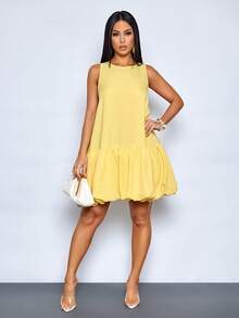 SOLERSUN Women's Elegant Scoop Neck Chic Ruffled Hem Summer Party Outfit Puffball Mini Dress - Yellow - View 5