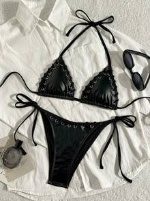 Swim SXY 两件套特殊面料挂脖比基尼上衣和系带泳裤性感时尚泳装套装 - 黑色 - 查看 6