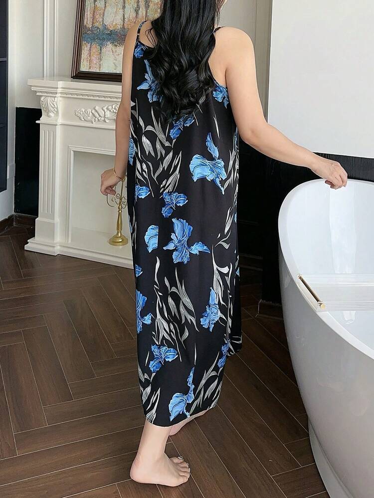 Dazy Plus Floral Print Lightweight Long Slip Dress, Elegant Plus Size Women Sleepwear For Vacation