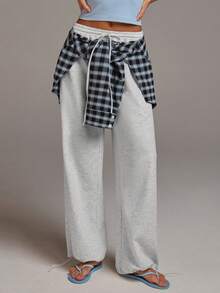 Athîral Women's Casual Fashion Street Plaid Patchwork Drawstring Waist 2 In 1 Long Pants - Grey - View 1