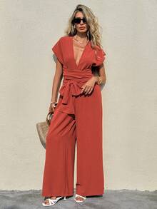 Serisse Women's Minimalist V-Neck Cinched Waist Jumpsuit, Suitable For Summer Vacation - Redwood - View 4