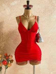 Soleia Women's Vacation Casual Fringe Hem Spaghetti Strap Mini Dress - Cherry Red - View 3