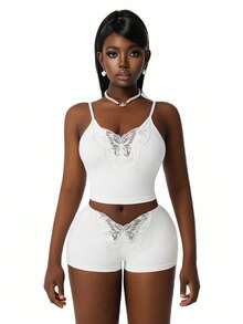 Amplova 2026新款蝴蝶装饰性感透视低胸吊带背心短裤套装，女士睡衣家居服 - 白色 - 查看 9