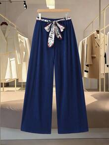 Seusyu Plus Size Women Flowy Waist Belt Decor Printed Pattern Fashion Elegant Vacation Romantic Elegant Straight Leg Pants - Navy Blue - View 1