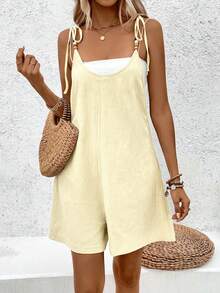 Breezaya Bộ áo liền quần cổ tròn bằng vải cotton mài, màu trơn, đính hạt. - Màu be - Xem 6