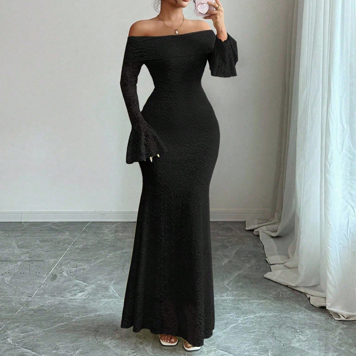 Elegant Fashion Young Minimalist Versatile Fitted Off Shoulder Flared Sleeve Fishtail Midi Dress For Petite Women, Autumn Off Shoulder Formal Dress Sexy Elegant Dress Long Sleeve Formal Dress Mermaid Dress Women Formal Long Black Elegant Dress