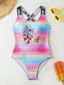 TOM & JERRY X SHEIN Tween Girl Gradient Heart Cartoon Print One-Piece Swimsuit, Beach Vacation - Multicolor - View 1