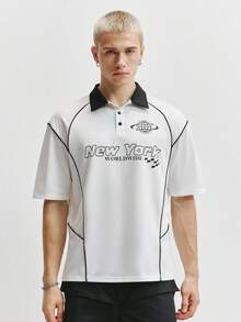 TOKVUE Áo Polo nam thời trang thường ngày phối màu tương phản in hình New York - Nhiều màu - Xem 5