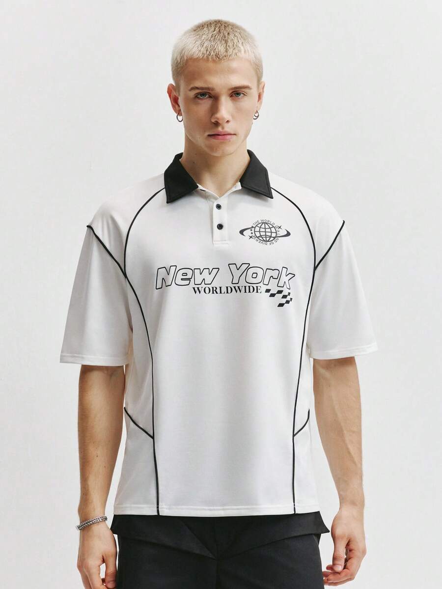 TOKVUE Men's Fashionable Casual Contrast Color New York Print Polo Shirt - Multicolor - View 1