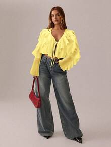 SHEIN SXY Áo đen; Trang phục nữ mùa thu; Áo croptop; Áo dài tay gợi cảm màu đen lưới xuyên thấu, dây đeo hình lá sen, cổ chữ V sâu dành cho nữ, thích hợp cho các buổi tiệc tùng, lễ hội. - Màu vàng - Xem 5