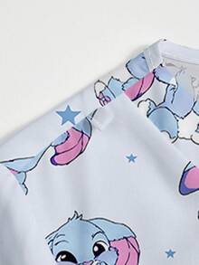 PopScrub Blue Cute Rabbit & Star Cartoon Print V-Neck Short Sleeve Pocket Decor Split Hem Plus Size Scrub Top, Spring/Summer Nurse Uniform - Multicolor - View 4