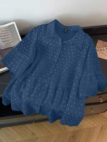 GlowEve CURVE Plus Size Summer Casual Solid Color Textured Shirt - Blue - View 1