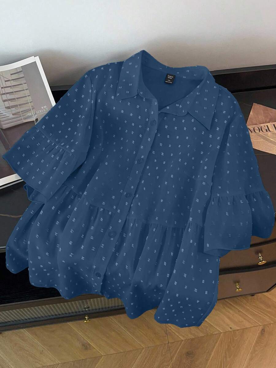 GlowEve CURVE Plus Size Summer Casual Solid Color Textured Shirt - Blue - View 1