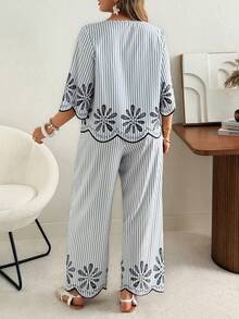 Ceyna Bộ đồ hai mảnh phong cách Boho nữ màu xanh trắng kẻ sọc, họa tiết lượn sóng, áo sơ mi cổ chữ V và quần dài. - Xanh và trắng - Xem 2