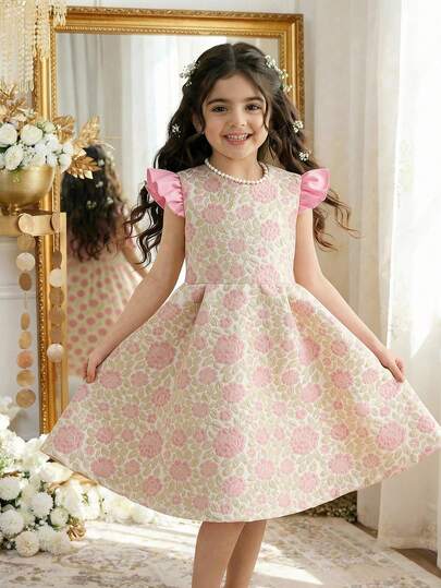 Glamorique Kids Girls (Small) Spring/Summer Casual Fashion Princess Dress, Woven Jacquard Fabric, Floral Pattern, Waist Cinched, Sleeveless With Flutter Sleeves, Back Bow Design, Elegant Princess Style Dress Suitable For Spring/Summer, Young GirlHigh-End, Graceful, Ladylike, Suitable For Daily Outings, Vacations, Parties, Holidays Girls Vintage Dress Floral Pattern Dress Bow Dress Tea Party Dress Pink Girl Dress Girls Dress With Bows Kids Party Dress Pink Bow Dress Floral Embroidered Dress Vintage Girls Dress P