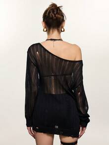 Rina Fox 新款镂空针织衫，长袖，韩版宽松版型，透气网眼面料，轻薄夏季上衣 - 黑色 - 查看 2