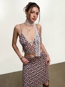 Rina Fox 女士格子蕾丝吊带背心和系带半身裙套装，复古乡村风格 - 彩色 - 查看 6