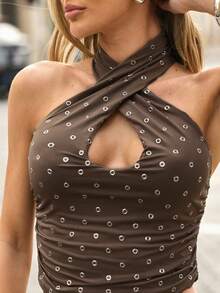 Hauture Women's Grommet Detail Twist Front Halter Top - Brown - View 6