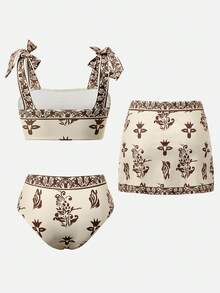 Swim Oasis 女士夏季沙滩印花休闲比基尼泳装套装（含裙子） - 彩色 - 查看 2