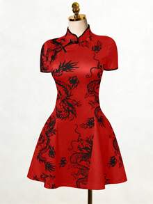 SHEIN Elenzya Đầm chữ A cỡ lớn in hình rồng Trung Quốc, thích hợp cho mùa xuân/hè. - Đỏ - Xem 7