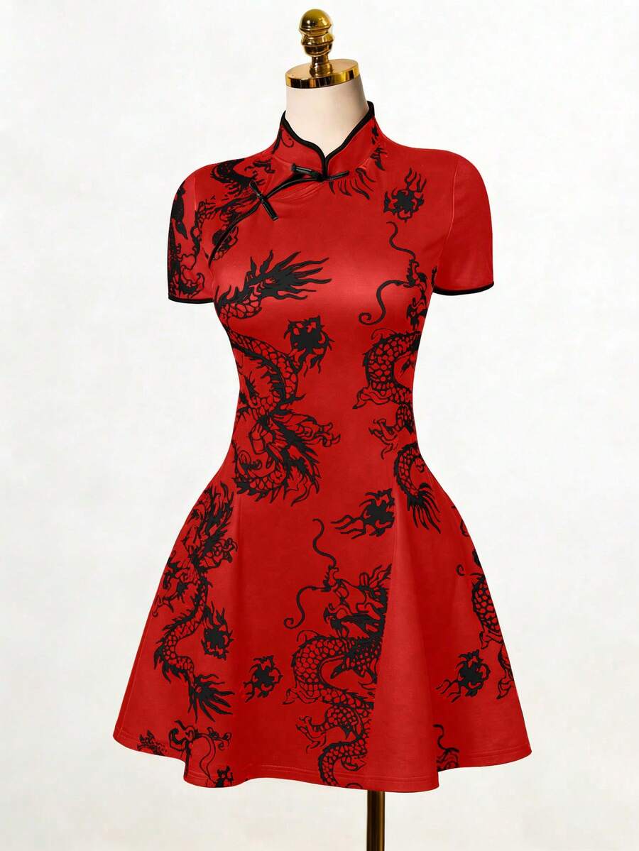 SHEIN Elenzya 大码中国龙印花A字连衣裙，春夏款 - 紅色 - 查看 1