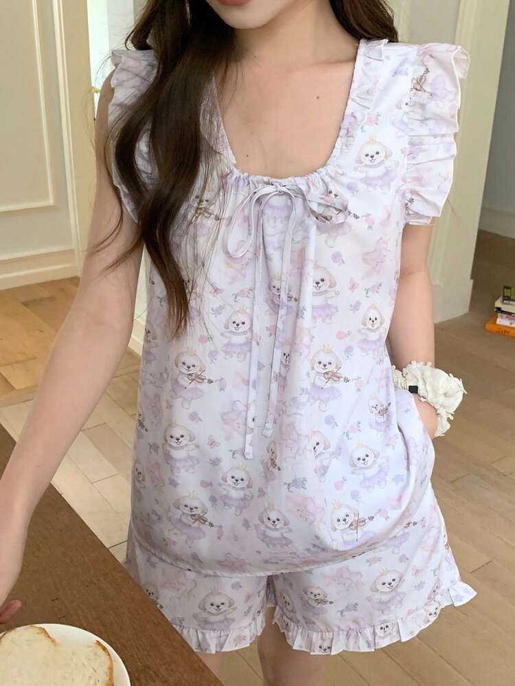 Summer Sweet Happy Dog Print Loose Ruffled Hem Women Pajama Set