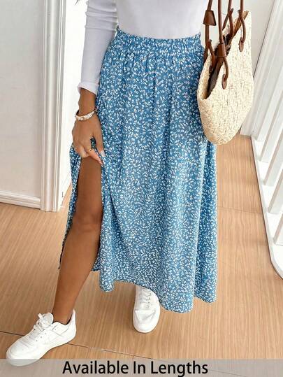 SHEIN Tall CURVE Plus Size Women Ditsy Floral Side Slit Hem Casual Skirt