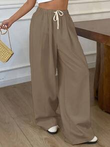 DAZY Women's Loose Straight Leg Pants With Elastic Waist And Drawstring, Casual, Summer - Brown - View 5