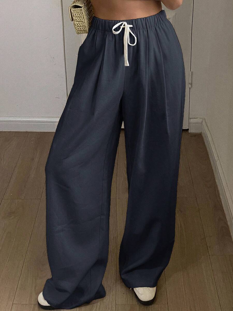 DAZY 女士宽松直筒裤，松紧腰带配抽绳，休闲夏季款 - 藍色 - 查看 1
