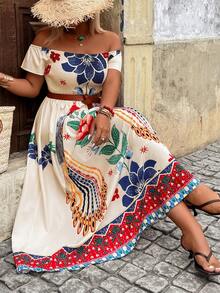 Breezaya Plus Size Women's Elegant Floral Off-Shoulder Cinched Waist Maxi Dress,Ruffle Sleeve Beige Summer Boho Vacation Holiday Party Daily Dress - Multicolor - View 4