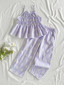 Vintaside Kids 女童紫色格子印花无袖上衣和配套长裤两件套，修身剪裁，适合外出、休闲、运动、派对等场合。 - 紫丁香色 - 查看 4