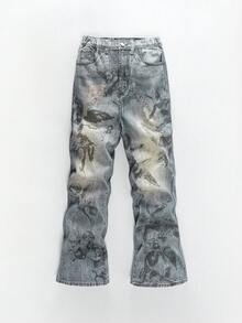 ROMWE MEN Street Life Quần jean denim ống loe rộng, in họa tiết cổ điển, màu bạc cho thiếu niên nam - Màu xanh lam - Xem 1