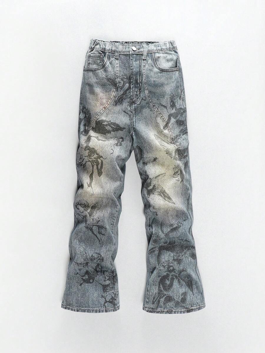 ROMWE MEN Street Life Quần jean denim ống loe rộng, in họa tiết cổ điển, màu bạc cho thiếu niên nam - Màu xanh lam - Xem 1