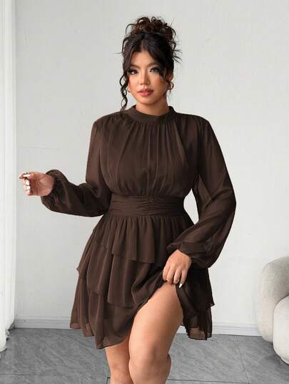 Elenzga Đầm ngắn tay dài màu trơn bằng vải chiffon xếp ly ở eo, gấu đầm xếp ly nhiều lớp kiểu Ý dành cho nữ, thích hợp mặc đi làm, đi nghỉ mát hoặc dự tiệc trà chiều.