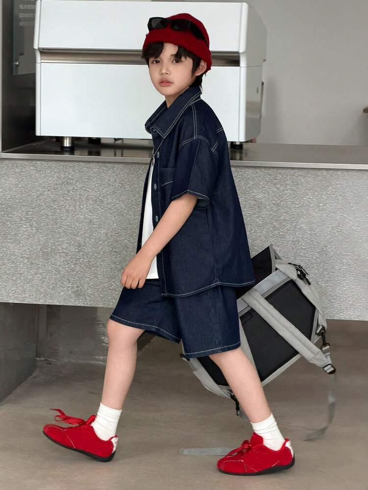 Tween Boy Summer Casual Shirt And Denim Shorts Set
