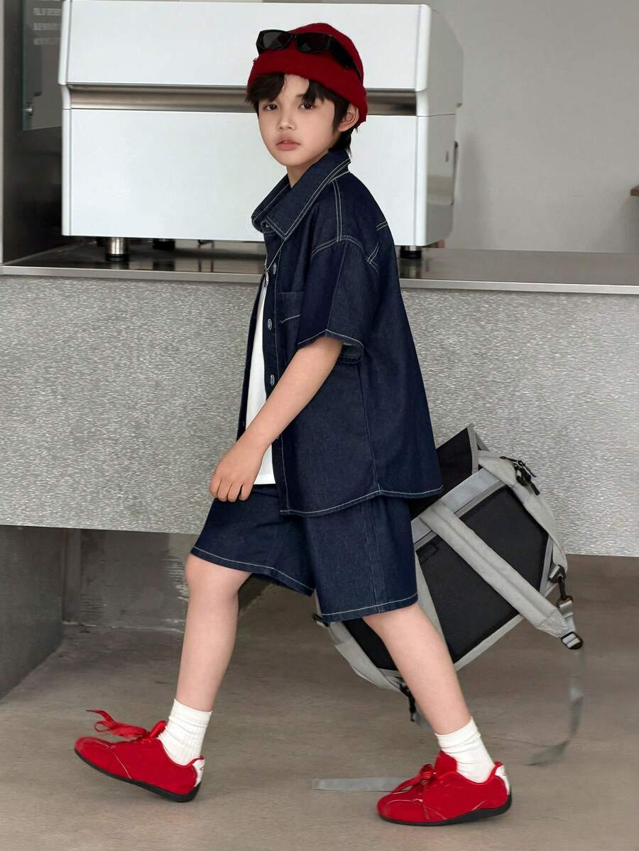 DAZY Tween Boy Summer Casual Shirt And Denim Shorts Set - Blue - View 1