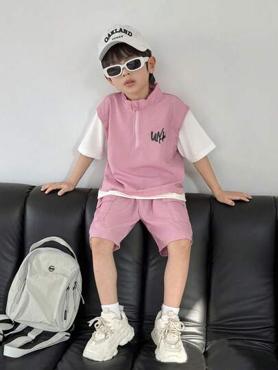 SHEIN Little Byeori 男童休闲拼接短袖印花T恤和短裤套装