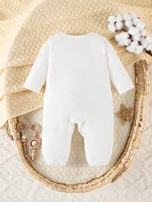 SHEIN Newborn Letter Print Long Sleeve Footed Jumpsuit, Cute Style, Simple & Fashionable, White Background - White - View 2