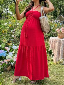 SHEIN Vestido Casual de Maternidade Cor Sólida com Decote Halter e Costas Abertas - Vermelho - Visão 3