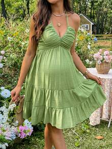 SHEIN Maternity Vacation Solid Color Ruffle Hem Halter Neck Dress Green Baby Shower Sundress Summer - Green - View 5