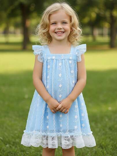 Young Girl Summer Casual & Holiday Floral Embroidery Mesh Contrast Lace Trim Square Neck Loose Dress