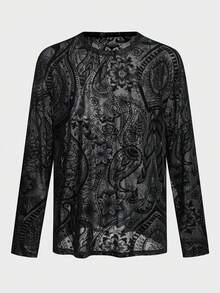 EASEVO 男士加大码网眼透视圆领休闲长袖T恤 - 黑色 - 查看 9