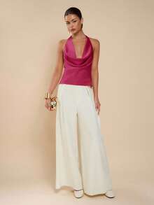 COSMINA Blusa de mujer de unicolor con diseño de nudo en el frente y cuello halter, versátil y sexy - Rosa Fucsia - Ver 3