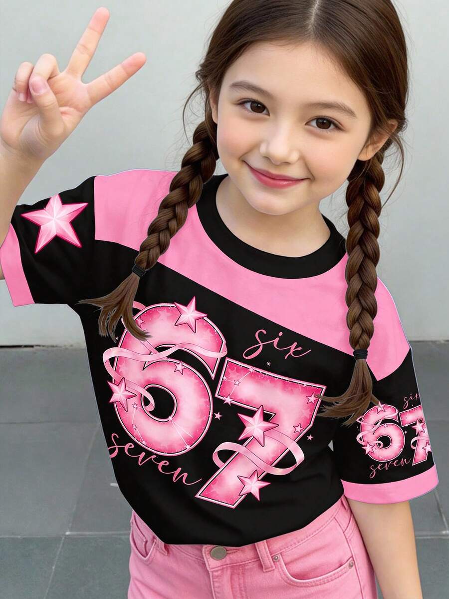 少女休闲撞色趣味数字67蝴蝶结星星印花宽松短袖T恤，运动风，适合夏季穿着 - 彩色 - 查看 1