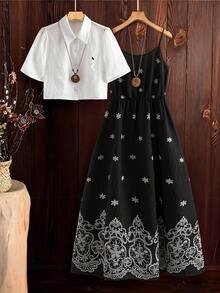 SHEIN Clasi Bộ đồ hai mảnh gồm áo hai dây in họa tiết toàn thân và áo khoác tay ngắn cài cúc phía trước dành cho nữ, thích hợp cho ngày Valentine, kỳ nghỉ hoặc mặc thường ngày. - Đen và trắng - Xem 2